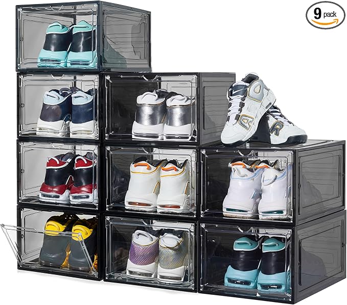 ZLLZUU Stackable Shoe Storage Boxes 9 Pack X-Large Black Sneaker Organizer | Fits up to Men's Size 12 High-top Sneakers, Clear Visible Magnetic Door, Quick Aceess, Durable and Sturdy, Easy to Assemble