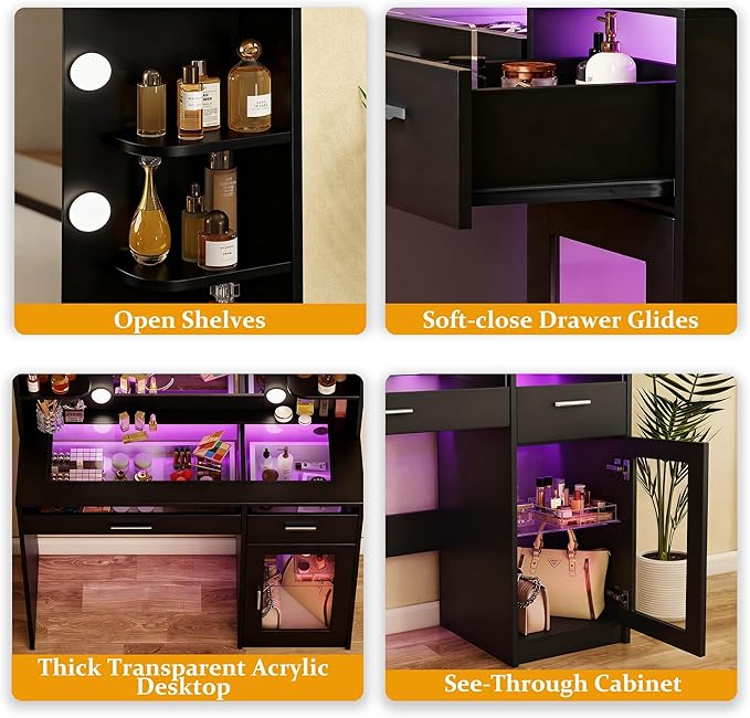 HUAHUU Vanity Desk with Mirror and Lights, Makeup Vanity Desk with Lights 3 Colors, Transparent Top Vanity with 2 RGB Drawers, 6 Shelves, Large Tempered Cabinet, Power Outlet, for Bedroom, Black