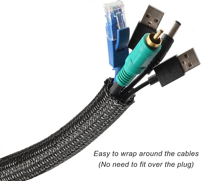 Cable Management Sleeve, Split Design, 25FT - 1/2 Inch, Black | Cord Protectors from Pets | Heat & Abrasion Resistant Wire Loom | Automotive Wiring & Home Office Cable Organization