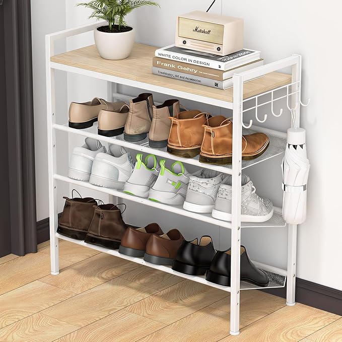 Refrze Shoe Rack for Front Door Entrance, 4 Tier Height-Adjustable Metal Shoe Rack, Sturdy Wooden Top and Tiltable Steel Frame Heavy Duty Shoe Organizer for Bathroom,Bedroom,Kitchen, Include Hook