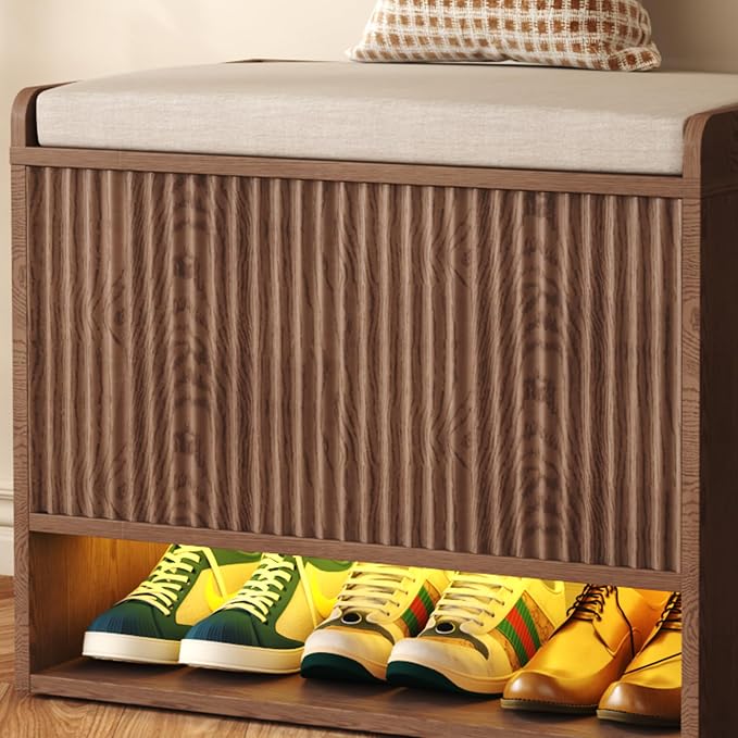 HOMEFORT 23.6" Fluted Shoe Storage Bench, Small Entryway Bench with Linen Seat Cushion, Shoe Cabinet Bench with Adjustable Shelf and Built-in LED Sensor Light, Bench for Bedroom End of Bed,Walnut