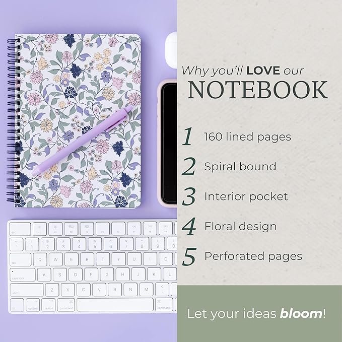 Steel Mill & Co Cute Floral Mini Spiral Notebook, 8.25" x 6.25" Journal with Durable Hardcover and 160 Lined Pages, Purple Vine Ditsy