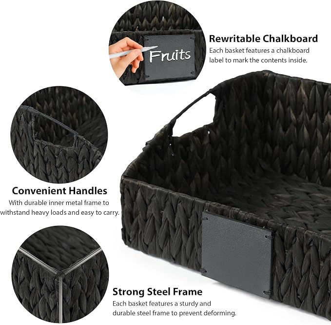 Rattan Storage Basket, Handwoven Wicker Basket for Storage with Built-in Handles, Pantry Baskets for Shelves, Bedroom, Bathroom, Laundry Room or Kitchen(Black)