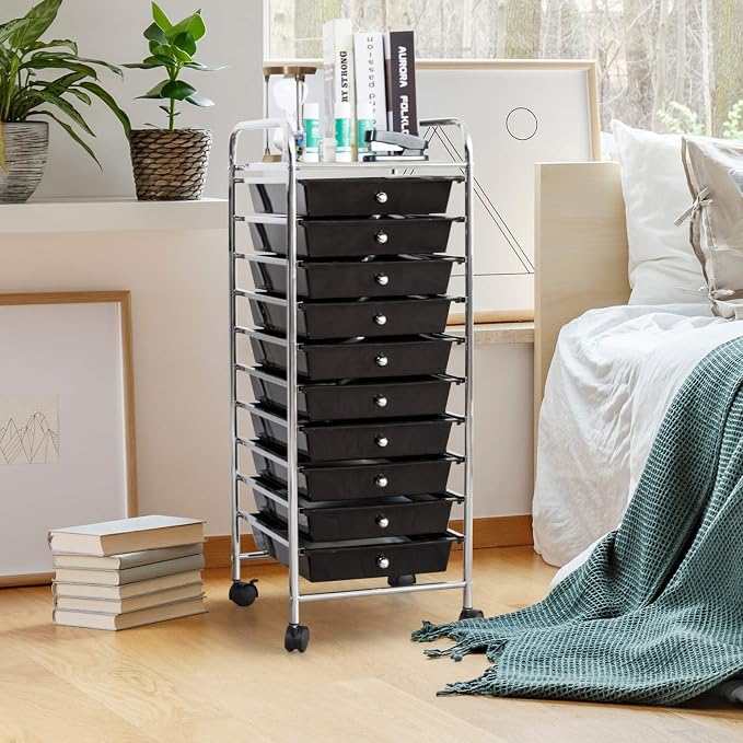 Happygrill 10-Drawer Storage Cart, Utility Cart with Removable Drawers & Metal Frame, Rolling Storage Cart with Lockable Wheels for Home, Office, Black
