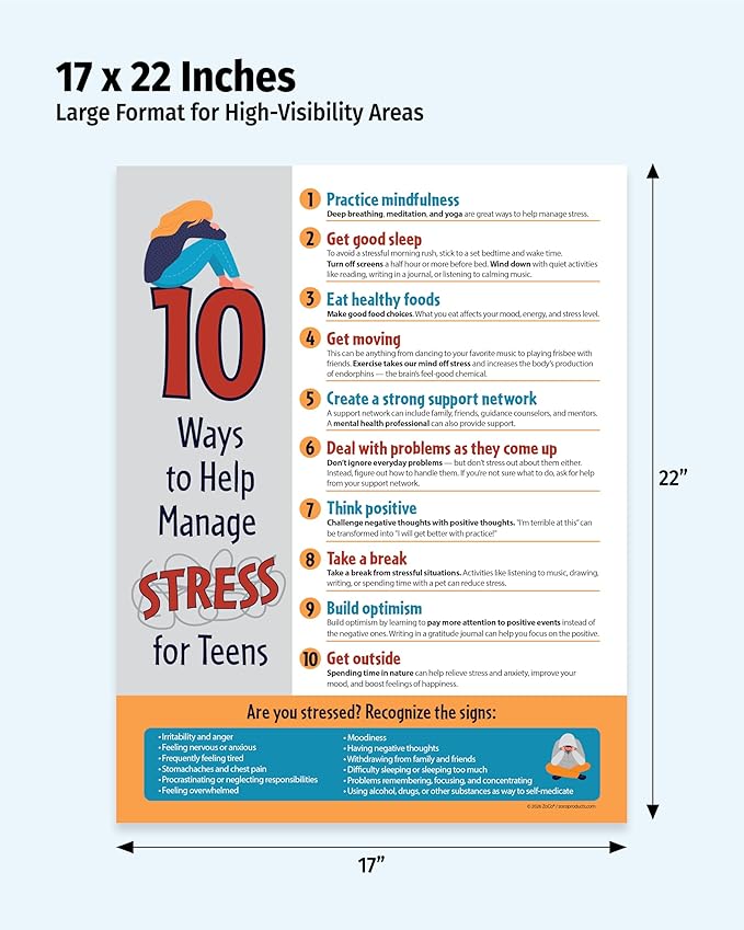 ZOCO – 10 Ways to Manage Stress – SEL & Mindfulness Poster for Teens (5-Pack) Laminated 17x22 – School Counselor & Therapy Office Decor