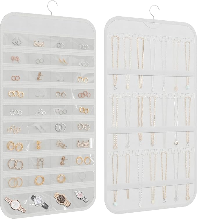 Double-Sided Hanging Jewelry Organizer for Necklaces Earrings, 1-Pack White | Foldable 36 hooks & 40 clear pockets; swivel hook fits walls, doors & rods for earrings, bracelets, rings & small jewelry