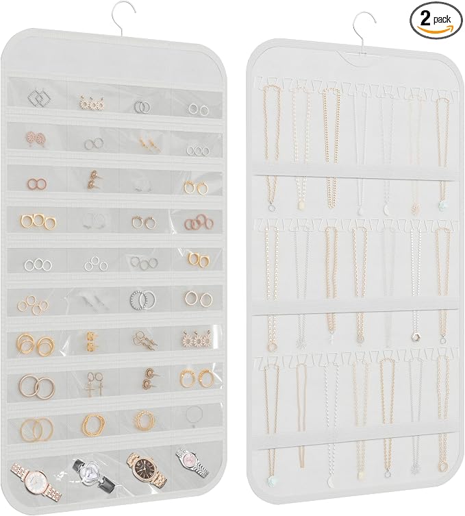 Double-Sided Hanging Jewelry Organizer for Necklaces Earrings, 2-Pack White | Foldable 36 hooks & 40 clear pockets; swivel hook fits walls, doors & rods for earrings, bracelets, rings & small jewelry