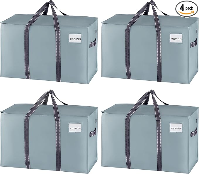 VENO 4 Pack Heavy Duty Moving Bags, Extra Large Storage Bags with Reinforced Handles & Strong Zippers, Foldable & Reusable Moving Box Alternative for Clothes & Dorm Storage