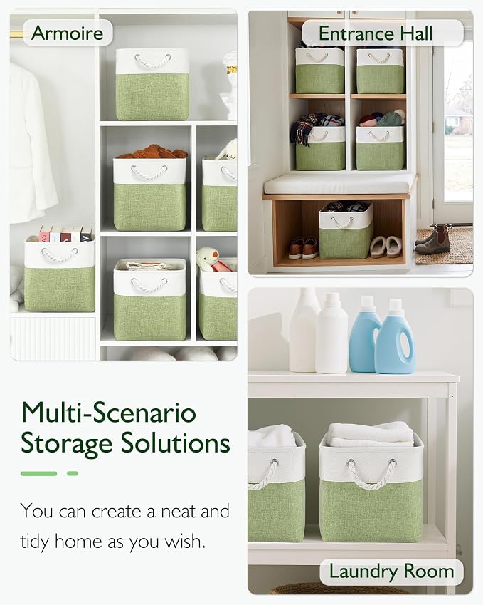 Patvingot 13x13x13 Cube Storage Bins,4 Pack Large Foldable Fabric Storage Cubes with Handles for Organizing Home, Closet, Shelf, Office(White&Green)
