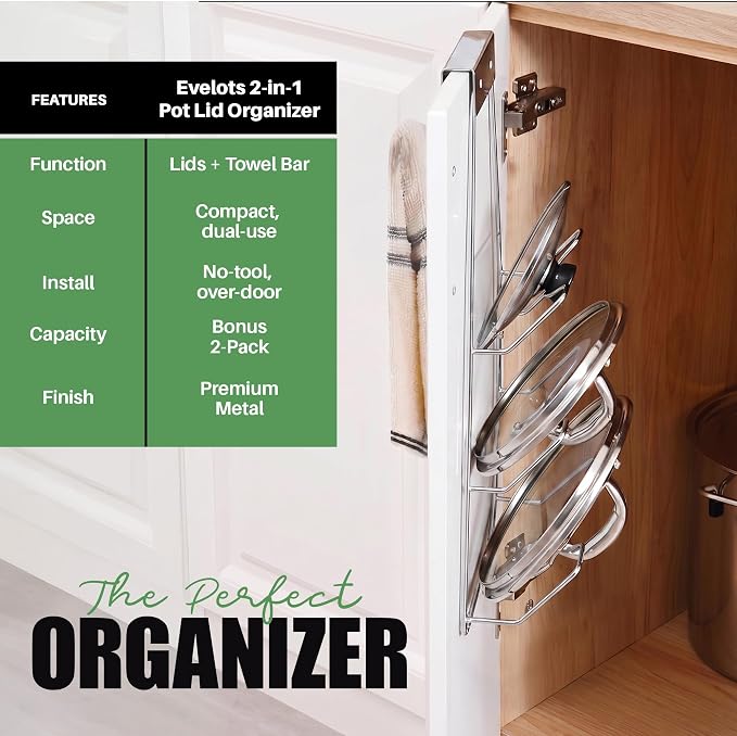 Evelots 2-in-1 Pot Lid Organizer with Towel Holder, 2 Pack, 3-Tier Cabinet Door Organizer, Pot & Pan Lid Holder Rack for Glass & Metal Lids, Over Cabinet Door Kitchen Storage, Chrome