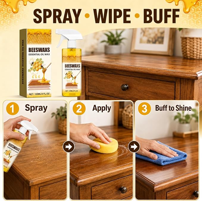 Beeswax Wood Polish Spray, Beeswax Essential Oil Wax, Deep Restore Furniture Cleaner for Cabinets, Hardwood Floors, Tables & All Wood Surfaces, Non-Greasy Formula (1)