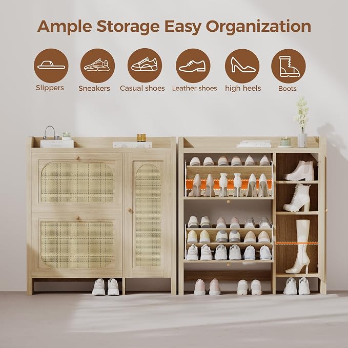 Mericonia Shoe Cabinet Storage for Entryway with 2 Flip Drawers(3-Tier), Rattan Freestanding with Door & 3 Adjustable Shelve,Hidden Shoe Rack Organizer for Hallway, Foyer