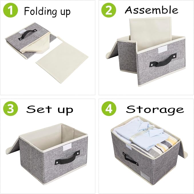 Small Storage Bins with Lids 2 Pack Linen Collapsible Cube Storage Basket with Handle, Jane's Home Foldable Fabric Storage Box with lids for Clothes Closet, Ornament Grey