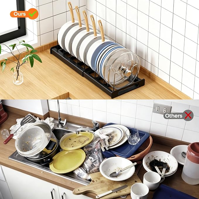 Nigelia 2 Pack Pots and Pans Organizer for Under Cabinet, 22" Expandable Food Storage Container Lid Organizers with 10 Adjustable Dividers Pot Lid Holders Rack Inside Cabinet&Kitchen Countertop(Black)