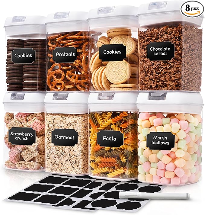 Set of 8 Airtight Food Storage Containers - Pantry Organizer Bins, BPA Free Plastic Containers plus Dry Erase Marker and Labels, White