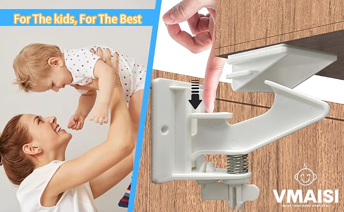 Vmaisi 20 Pack Cabinet Locks Child Safety Latches Easy Install No Drill | Upgraded Stronger Adhesive Installation with Temple - Baby Proofing Cabinets Drawers Locks