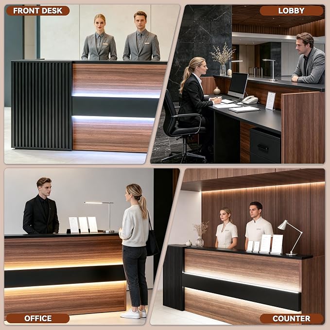 Ceridwen L‑Shaped Reception Desk with LED Ambient Lights & Mobile File Cabinet, Modern Black & Brown Front Desk Reception Counter with Lockable Drawers for Office, Salon & Retail