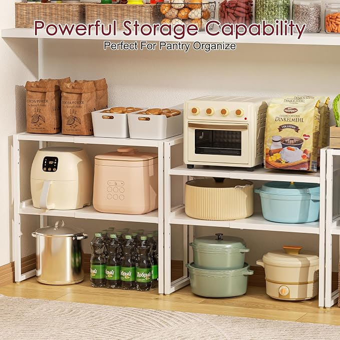 Expandable Kitchen Storage Shelves,100LBS Heavy Duty Metal Shelving Unit For Pot Pans Appliance,Adjustable White Small Shelf Rack Organizer For Kitchen Countertop Under Cabinet Closet Garage Pantry