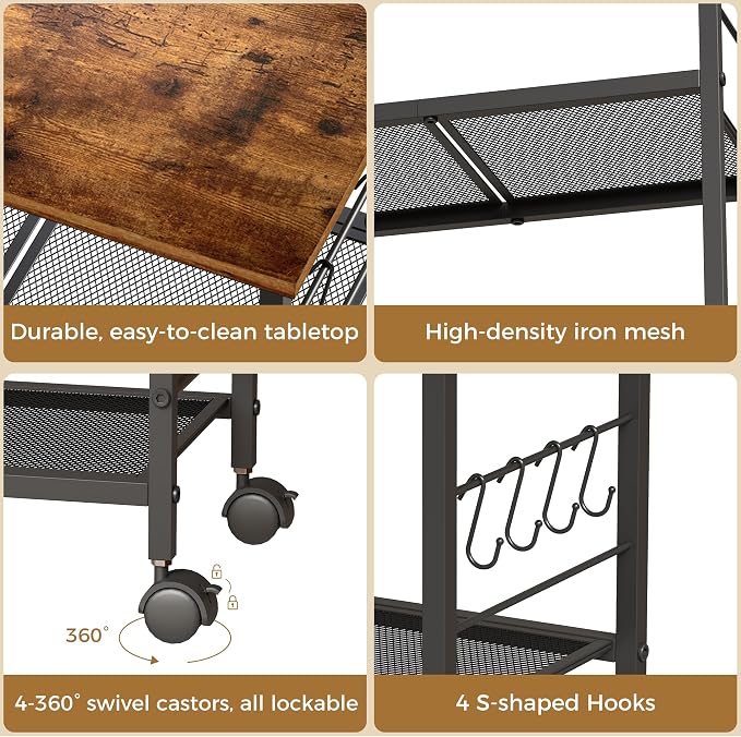BEWISHOME 3-Tier Rolling Kitchen Microwave Cart, Microwave Table Stand | with 4 Lockable Wheels, Small Coffee Cart Shelf Rack Organizer for Kitchen, Living Room, Bathroom