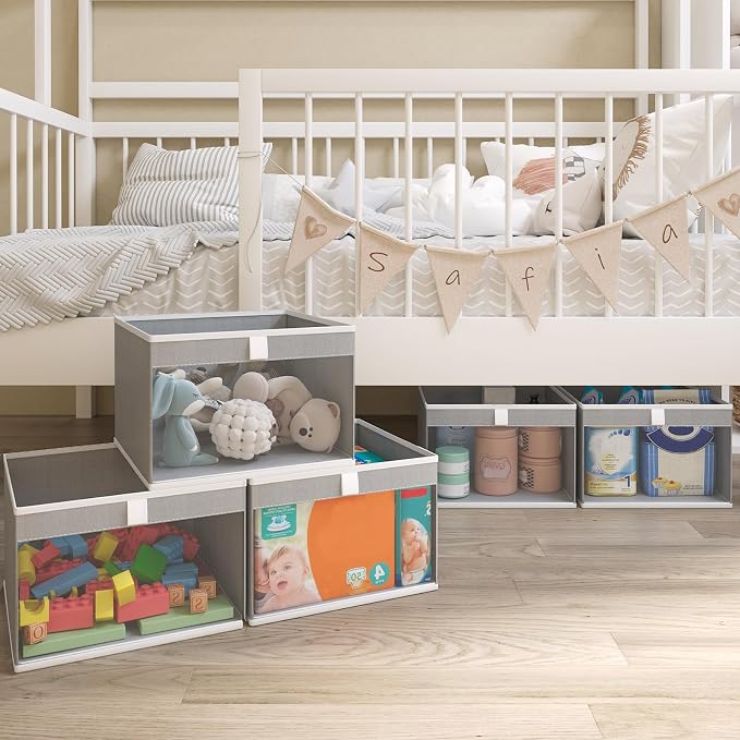 Linen Closet Organizers and Storage, Closet Storage Bins Basket Organizer, Foldable Organization Baskets with Mesh Window for Clothes Towels and Toys, 12.75" x 12.75" x 9", Gray, 4 pack
