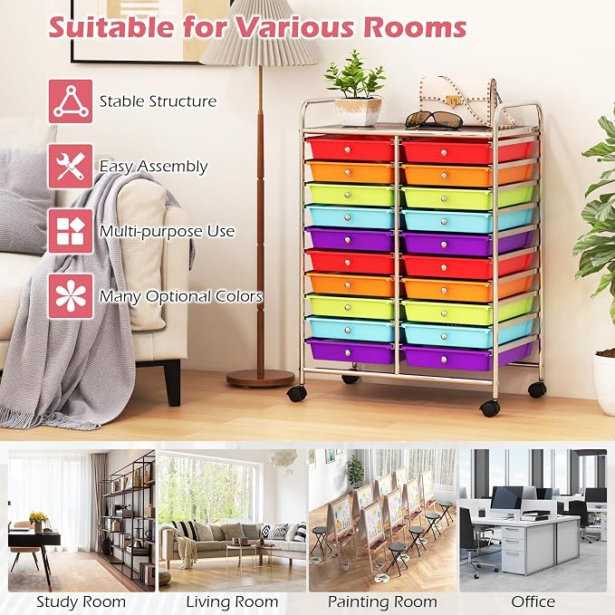 DREAMADE Rolling Cart with Storage Drawers, Utility Cart with Removable Plastic Drawers, Lockable Wheels, Art Cart for Classroom Organization Art Supplies Office Scrapbook (20 Drawers, Multi-color)