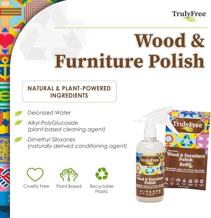 Truly Free Natural Wood Cleaner & Furniture Polish - Leather Cleaner, Vinyl, Furniture & Wood Polish, Helps Remove Water Stain, Unscented - 12 oz Reusable Empty Spray Bottle + One (3 oz) Fill Pack
