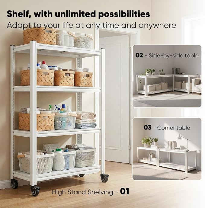 REIBII Adjustable Rolling Storage Shelve for Kitchen Pantry Closet Boutique | 2080 LBS capacity,59.8" H x 31.5" W x 16.5" D,4 Tier,White,Solid metal panels,360°wheels with lock,Boltless 10min assembly