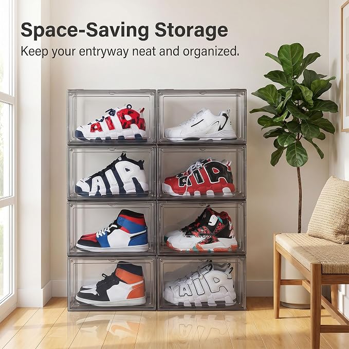 MMBABY 12 Pack Acrylic Shoe Boxes– Ultra Clear Plastic Stackable Sneaker Storage For Sneakerhead. Professional Grade Shoe Display Case with Magnetic Door.Fits US Size 15 (Grey-Side Open)