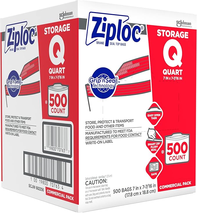 SC Johnson Professional, Ziploc Storage Bags, For Food Organization and Storage, Double Zipper Seal, Easy-Open Tabs Quart, 500 Count (Pack of 2)