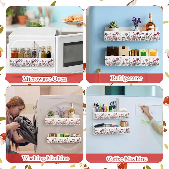 Beeveer 2 Pack Mushroom Magnetic Fridge Shelf Cottagecore Farmhouse Refrigerator Side Magnetic Spice Rack for Fridge Seasoning Storage Organizer Home Decor Kitchen Accessories