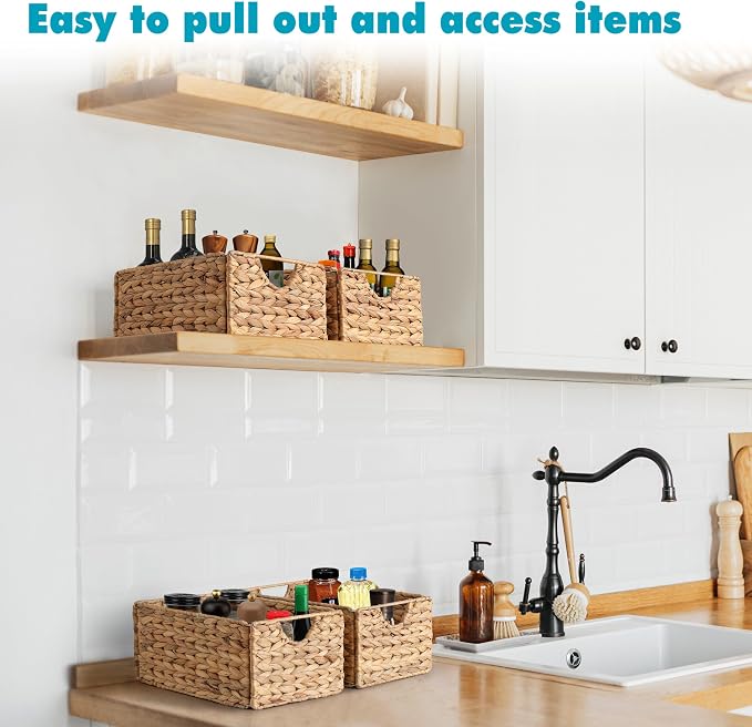 Water Hyacinth Pantry Baskets Set of 6, 12.5 x 9.5 x 6in Wicker Storage Baskets for Shelves, Pantry Baskets Organization, Bathroom Shelves Storage Basket