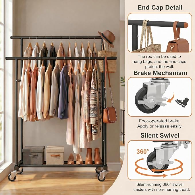 Calmootey Rolling Garment Rack with 2 Rods, Clothes Organizer for Bedroom | High-Low Rods, Two Lockable Wheels, Sturdy Metal Frame, Space-Saving, Fits Laundry, Living Room, Black