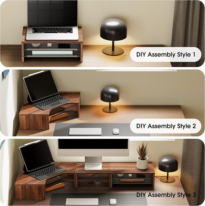 Fenge Dual Monitor Stand, 2-Tier Corner Monitor Riser with Drawer and Slide-out Tray, Triangle Desktop Shelf Organizer for Laptop Computer Printer Home Office Desk, Brown