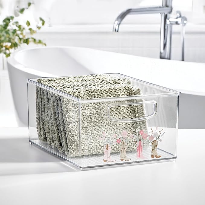 iDesign Bathroom Organizer Bin, Clear/Western | Decorative Print, Stackable, Plastic Storage Basket, For Makeup & Vanity Organization
