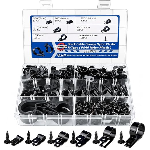 JORREP 322PCS Black Cable Clips R-Type Nylon Wire Clips Assortment Kit 6 Sizes 3/16" 1/4" 3/8" 1/2" 3/4" 1" Cable Clamps with M4 Screws for Wire Managemen, Office, Garage