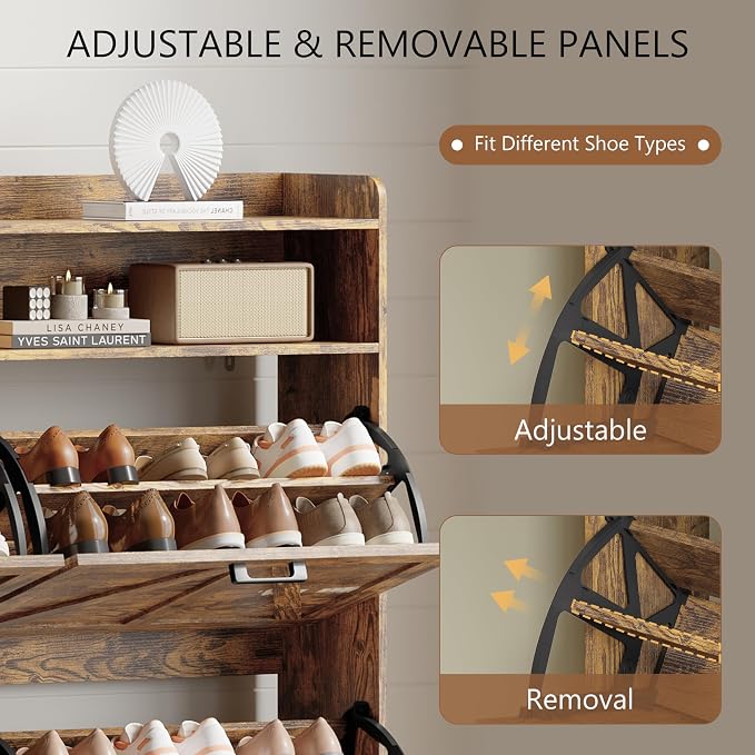 Shoe Cabinet with 4 Flip Drawers, Freestanding Hidden Shoe Storage Organizer for Entryway, Narrow Slim Shoe Rack Cabinet with Open Storage & Hooks for Front Door Entrance, Living Room, Hallway, Brown