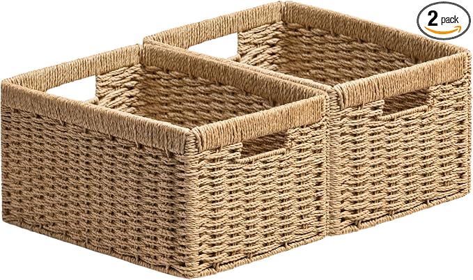UBBCARE 2 Pack Wicker Basket, 13.4L×8.3H×7.1W inch Woven Paper Rope Storage Baskets for Shelves, Foldable Rectangular Storage Baskets with Handle, Storage Basket for Organizing, Natural
