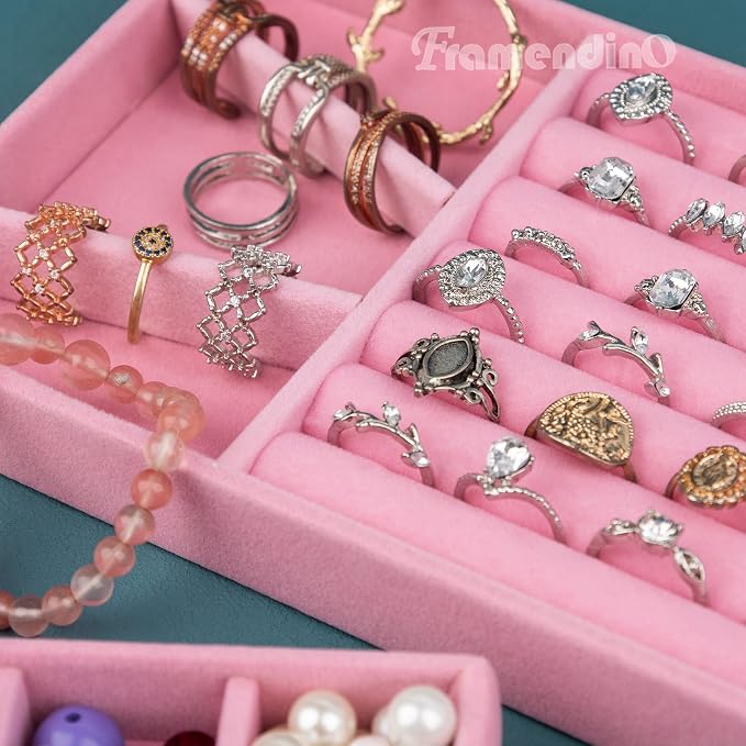 Framendino, 4 Pack Velvet Jewelry Organizer for Drawers Inserts Pink Stackable Earrings Bracelets Necklace Trays