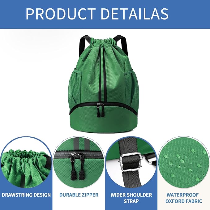 JELUTAR Drawstring Backpack Gym Bag with Shoes Compartment for Soccer, Basketball, Swim, Water-Resistant String Backpack Beach Cinch for Women Men, Dark Green