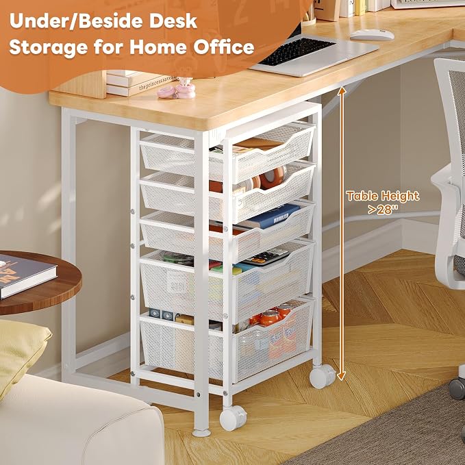 Hongtamoya Rolling Storage Cart with 5 Drawers, Metal Utility Cart with Lockable Wheels, Craft Storage Art Cart, Rolling Drawer Cart for Living Room, Bedroom, Bathroom, Office, Home, White