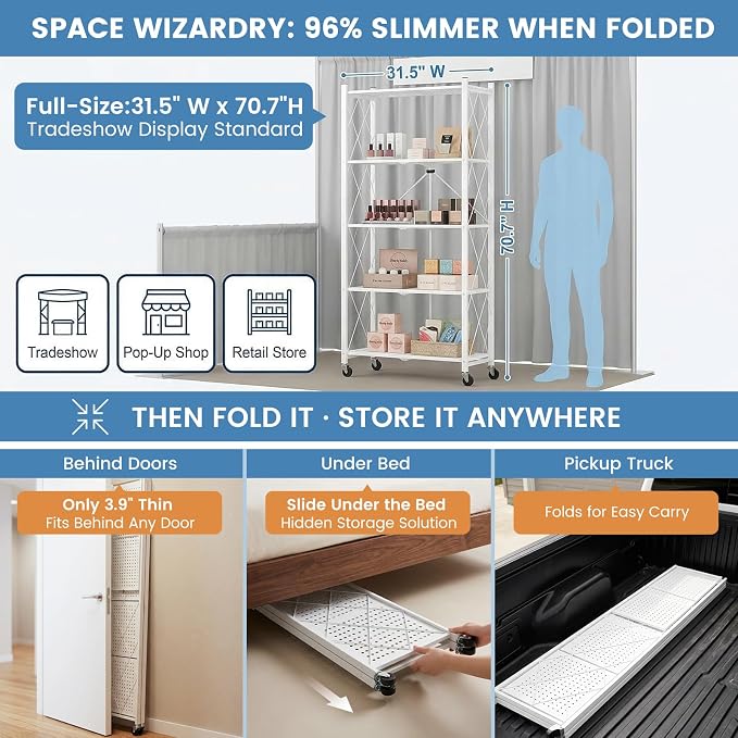 ALANNG 70.7" H Metal Storage Shelves, 5 Tier Folding Shelf on Wheels | Heavy Duty, No Assembly, Rolling, Collapsible Rack Unit for Kitchen, Basement, Pantry (White,4 Pack)