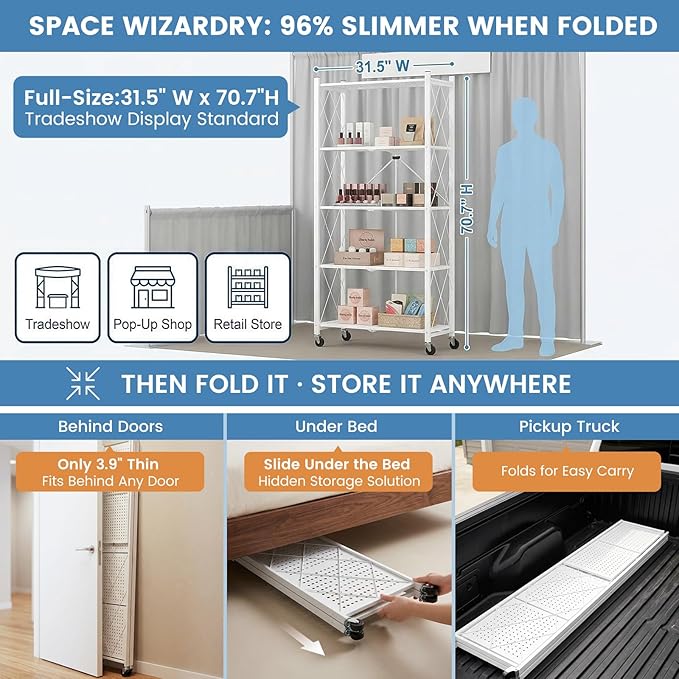 ALANNG 70.7" H Metal Storage Shelves, 5 Tier Folding Shelf on Wheels | Heavy Duty, No Assembly, Rolling, Collapsible Rack Unit for Kitchen, Basement, Pantry (White,3 Pack)