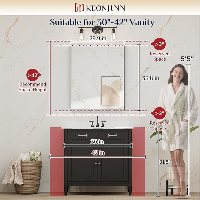 Keonjinn Black Bathroom Mirror 30 x 36 Inch, Metal Frame Black Mirrors for Bathroom Sink, Rectangular Square Corner, Modern Farmhouse, Rectangle Vanity Mirror for Wall(Horizontal/Vertical)