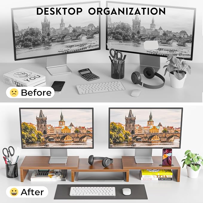 BONTEC Dual Monitor Stand Riser with Smartphone Holder, Adjustable Length & Swivel Angle, Ergonomic Wooden Desktop Organizer for PC Monitor, Laptop, Printer, Large Storage, 42.5 in, Walnut