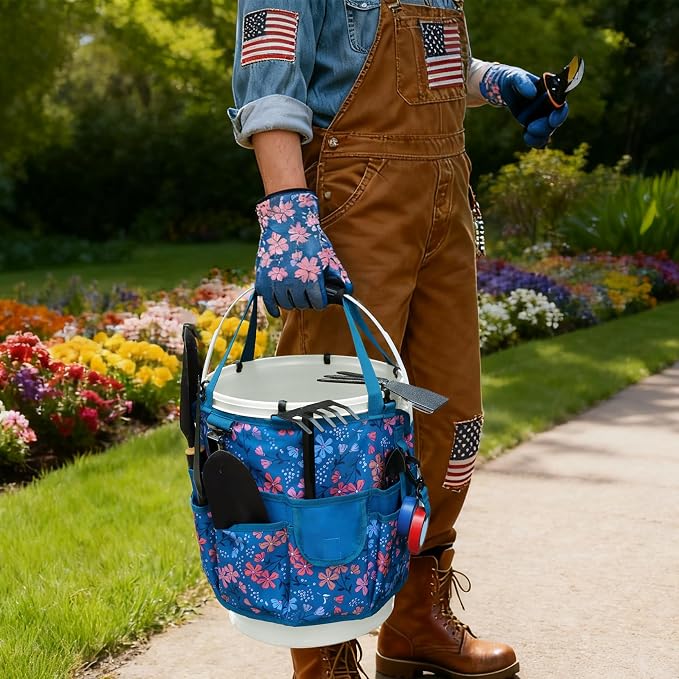 KUNN Bucket Organizer 5 Gallon 18-Pocket Tool Bucket Bag with 6 Hooks, Gardening Tool Holder Caddy for Gardeners, Outdoor Yard Work, Soil Plant Flower Gardening Accessories with Grip Pad, Blue