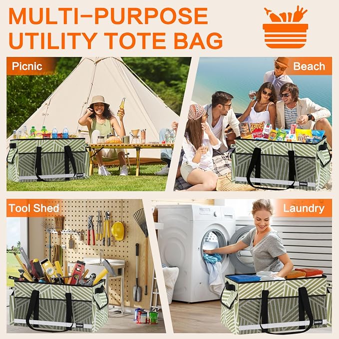 Upgrade Extra Large Utility Tote Bag with Reflective Strip, Standing Reusable Grocery Bags with Hard Bottom, Collapsible Utility Tote with Handles for Shopping, Beach, Picnics, Car, Twill Green