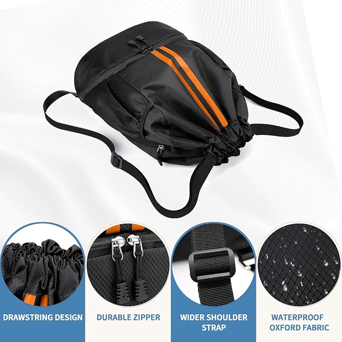 JELUTAR Drawstring Backpack Gym Bag with Shoes Pocket, Black Orange | Water-Resistant String Backpack for Soccer, Basketball, Swim, Beach Cinch for Women Men, 18 L Large Capacity, Wet Pocket