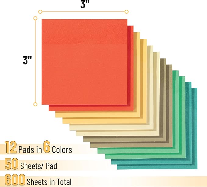 Mr. Pen- Sticky Notes, 3"x3", 12 Pads, 600 Sheets, Retro Colors | Sticky Notes Bulk, Self-Stick Note Pads, Perfect for Office, School, Home, Study & Organization