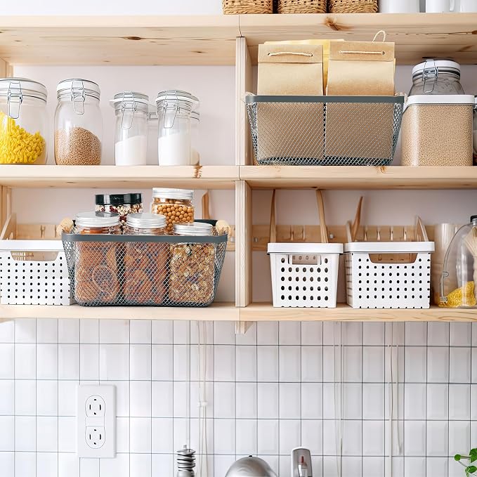 Ziliny 4 Pcs Metal Mesh Wire Baskets with Wooden Handles for Organizing, Pantry Organizers and Storage Steel Bin Kitchen Baskets for Fruit Potato Onion Snacks Bathroom Cabinet(Small,Dark Gray)