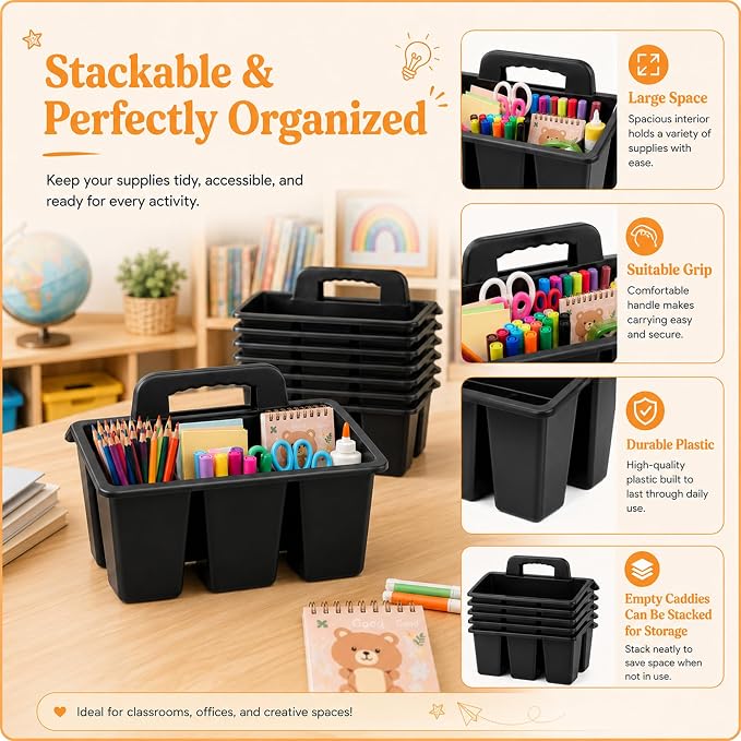 Classroom Caddy with Safe Handle, 6 Pack Plastic Organizer with 4 Compartments, Teacher & Kids Supply Caddy for Crayons, Markers, Desk, Cleaning & Bathroom Storage (Black)